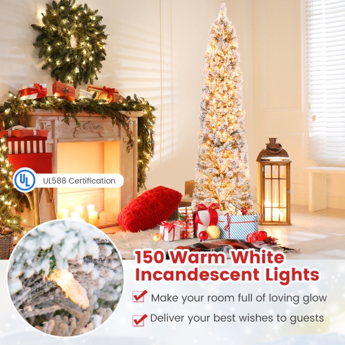 Costway 6 FT Pre-Lit Slim Christmas Tree Flocked Decoration with Pine Needles & Lights