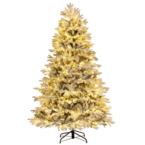 COSTWAY  7 Ft Pre-Lit Christmas Tree Snow Flocked Hinged Xmas Decoration With 450 Lights