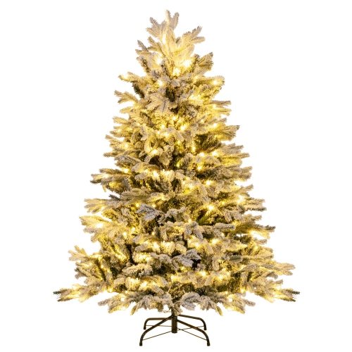 COSTWAY  4.5 Ft Pre-Lit Christmas Tree Snow Flocked Hinged Xmas Decoration With 200 Lights