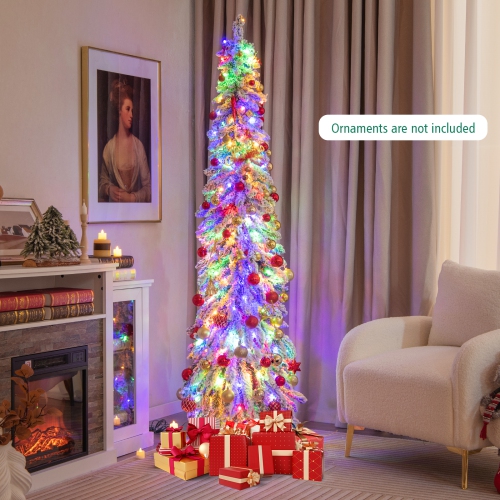 Costway 6 FT Pre-Lit Slim Christmas Tree Flocked Xmas Decoration 11 Modes 250 LED Lights
