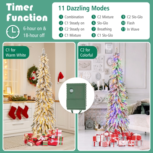 Costway 6 FT Pre-Lit Slim Christmas Tree Flocked Xmas Decoration 11 Modes 250 LED Lights