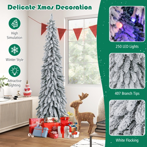 Costway 6 FT Pre-Lit Slim Christmas Tree Flocked Xmas Decoration 11 Modes 250 LED Lights