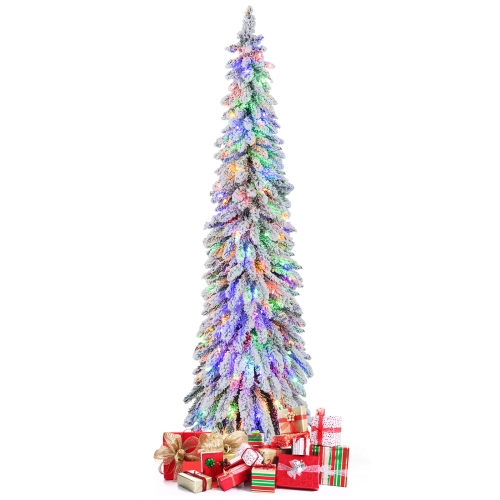 Costway 6 FT Pre-Lit Slim Christmas Tree Flocked Xmas Decoration 11 Modes 250 LED Lights