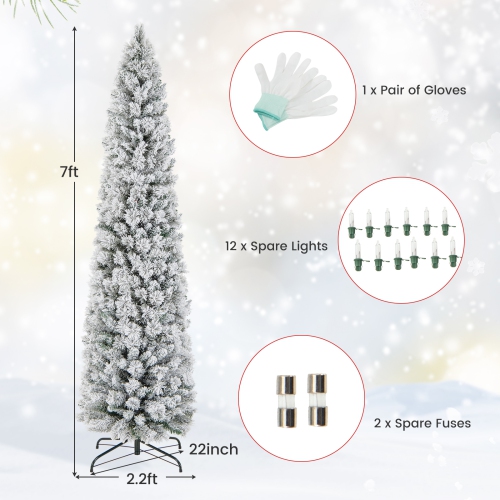 Costway 7 FT Pre-Lit Slim Christmas Tree Flocked Decoration with Pine Needles & Lights