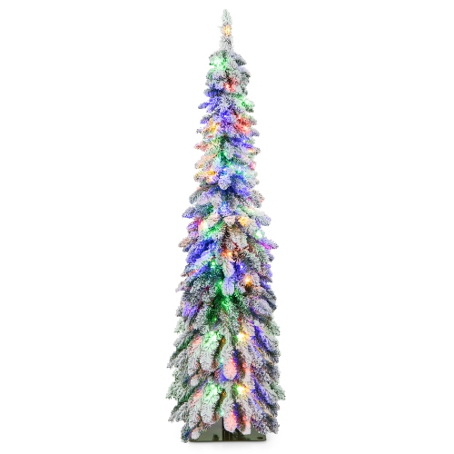 COSTWAY  5 Ft Pre-Lit Slim Christmas Tree Flocked Xmas Decoration 11 Modes 150 Led Lights