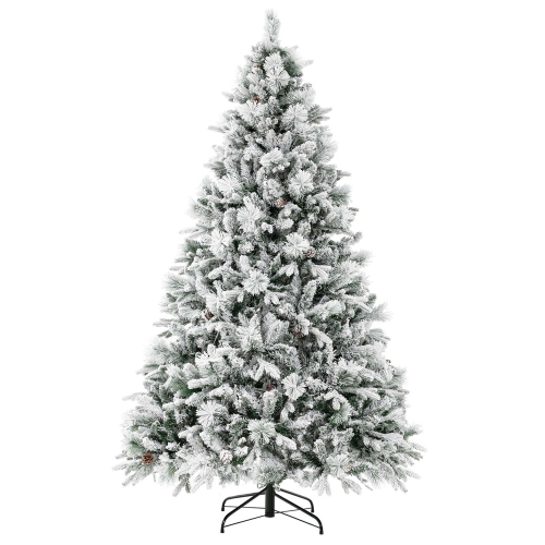 Costway 7 FT Pre-Lit Snow Flocked Christmas Tree Hinged Xmas Tree with 8 Modes 320 Lights