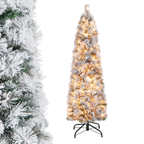 COSTWAY  4.5 Ft Pre-Lit Slim Christmas Tree Flocked Decoration With Pine Needles & Lights