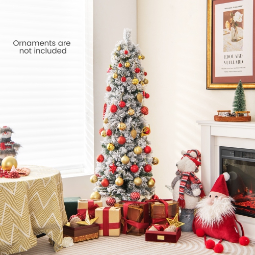 Costway 4.5 FT Pre-Lit Slim Christmas Tree Flocked Decoration with Pine Needles & Lights