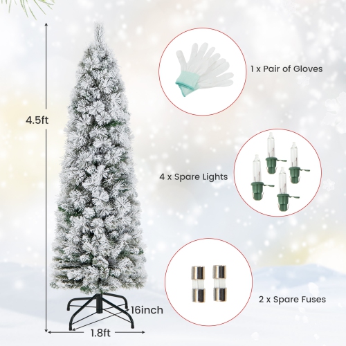 Costway 4.5 FT Pre-Lit Slim Christmas Tree Flocked Decoration with Pine Needles & Lights