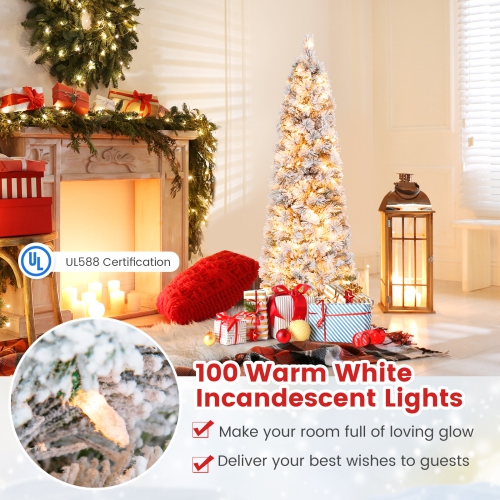 Costway 4.5 FT Pre-Lit Slim Christmas Tree Flocked Decoration with Pine Needles & Lights