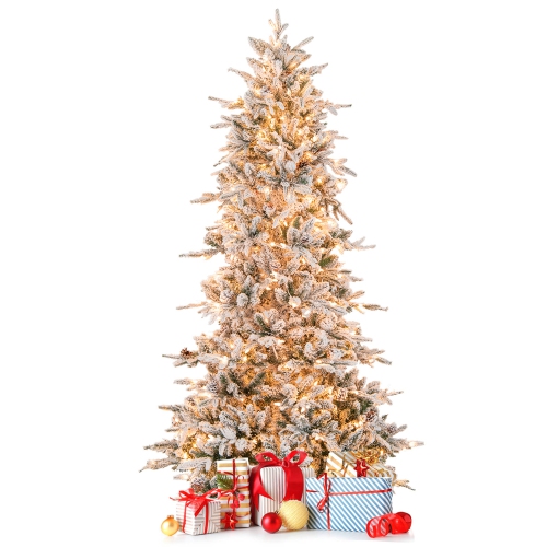 Costway 7.5 FT Pre-Lit Christmas Tree Snow Flocked Hinged 1107 Branch Tips & 350 Lights