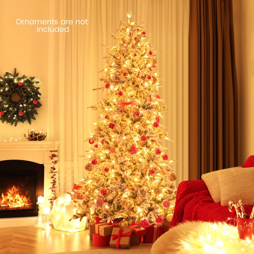 Costway 7.5 FT Pre-Lit Christmas Tree Snow Flocked Hinged 1107 Branch Tips & 350 Lights