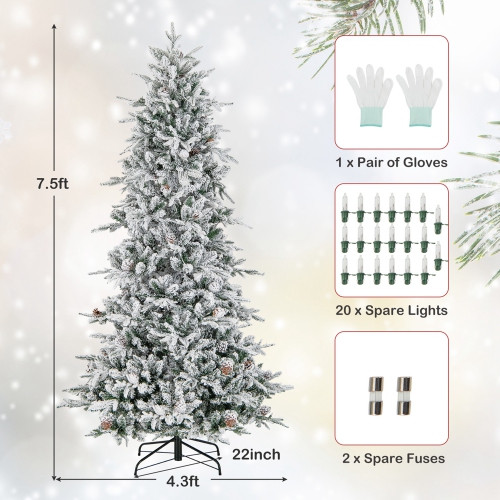 Costway 7.5 FT Pre-Lit Christmas Tree Snow Flocked Hinged 1107 Branch Tips & 350 Lights