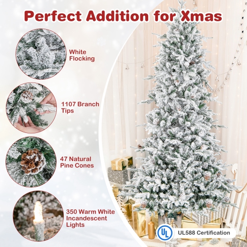 Costway 7.5 FT Pre-Lit Christmas Tree Snow Flocked Hinged 1107 Branch Tips & 350 Lights