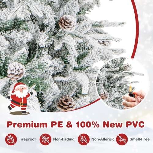 Costway 7.5 FT Pre-Lit Christmas Tree Snow Flocked Hinged 1107 Branch Tips & 350 Lights