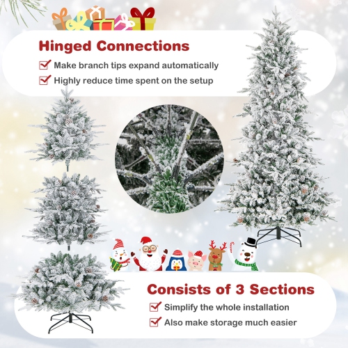 Costway 7.5 FT Pre-Lit Christmas Tree Snow Flocked Hinged 1107 Branch Tips & 350 Lights