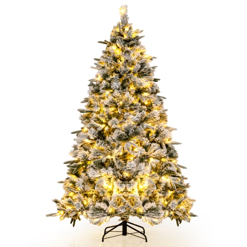 COSTWAY  7 Ft Pre-Lit Flocked Christmas Tree Hinged Xmas Decoration With 300 Led Lights