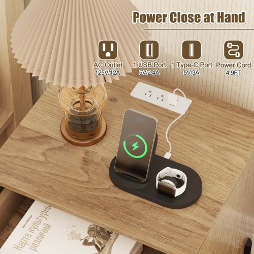 Costway 2PCS Nightstand with Charging Station Drawer Compartment Modern Side End Table