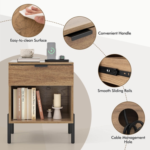 Costway 2PCS Nightstand with Charging Station Drawer Compartment Modern Side End Table