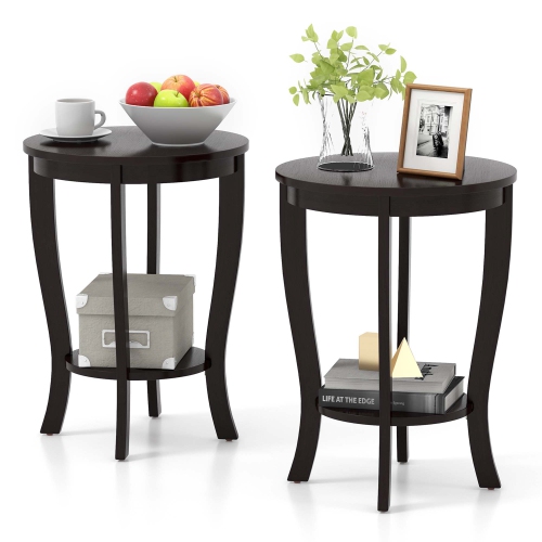 COSTWAY  2 PCs 2-Tier End Table 18" Round Compact Sofa Side Nightstand With Storage Shelf