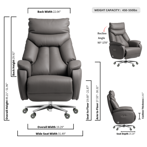 Kinnls Coast Power Office Recliner Chair Executive Desk Chair Fully Reclining Modern Minimalist Ergonomic Genuine Leather Office Chair with Arms