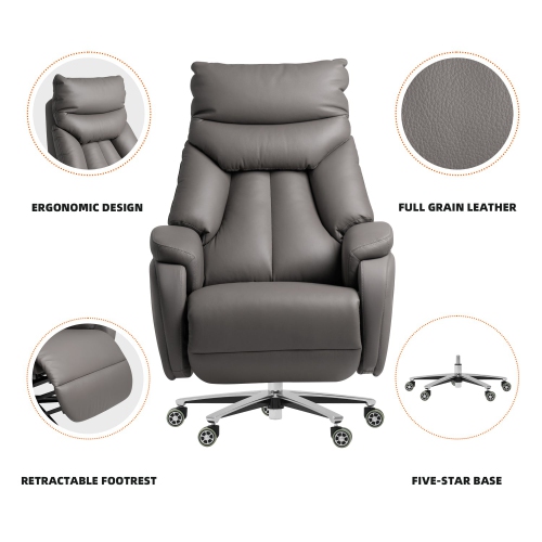 Kinnls Coast Power Office Recliner Chair Executive Desk Chair Fully Reclining Modern Minimalist Ergonomic Genuine Leather Office Chair with Arms