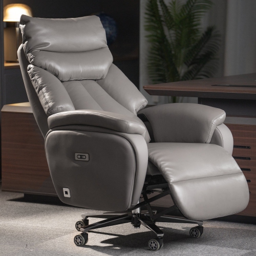Kinnls Coast Power Office Recliner Chair Executive Desk Chair Fully Reclining Modern Minimalist Ergonomic Genuine Leather Office Chair with Arms