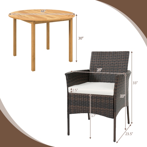 Gymax 5 PCS Patio Dining Set Round Acacia Wood Table 4 Cushioned Wicker Armchairs