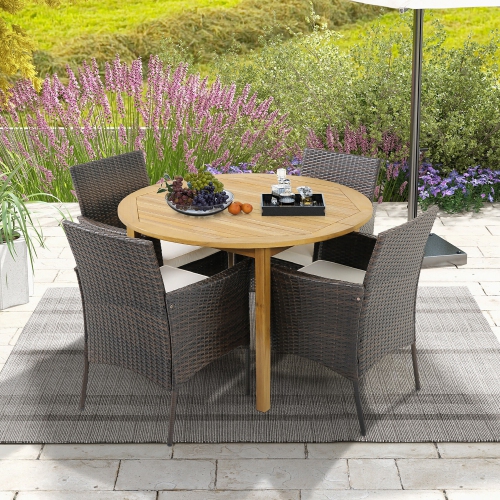 Gymax 5 PCS Patio Dining Set Round Acacia Wood Table 4 Cushioned Wicker Armchairs