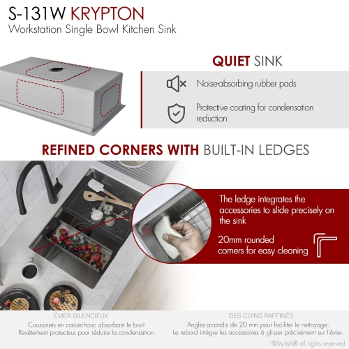 Stylish Krypton Dual-Mount 31" Single-Bowl Stainless Steel Workstation Kitchen Sink S-131W