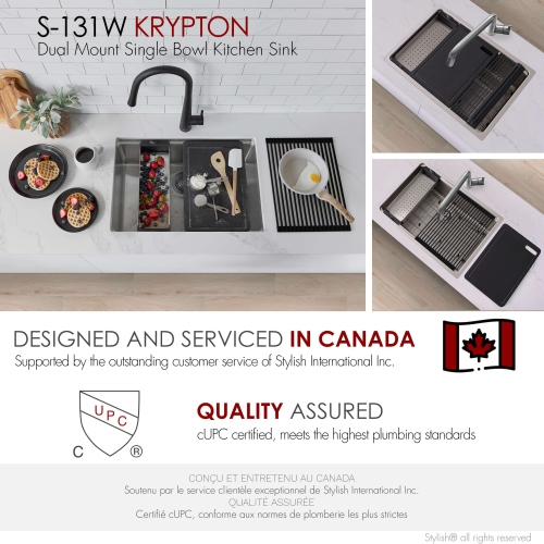 Stylish Krypton Dual-Mount 31" Single-Bowl Stainless Steel Workstation Kitchen Sink S-131W