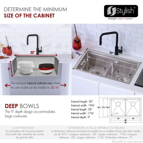 Stylish Boron Dual-Mount 30" Double-Bowl Stainless Steel Workstation Kitchen Sink S-230W