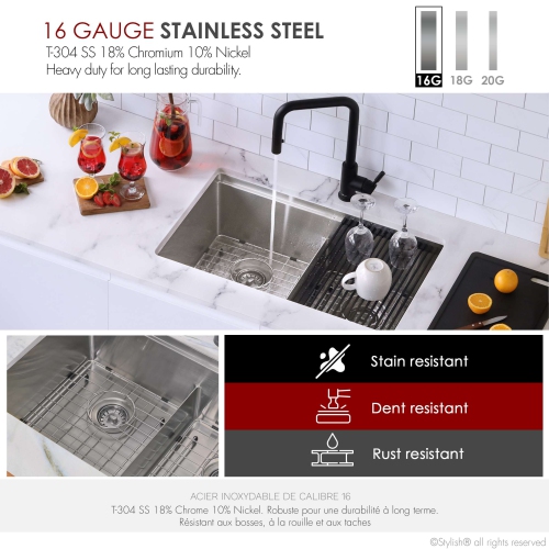 Stylish Boron Dual-Mount 30" Double-Bowl Stainless Steel Workstation Kitchen Sink S-230W