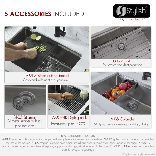 Stylish Argon Dual-Mount 27" Single-Bowl Stainless Steel Workstation Kitchen Sink S-127W