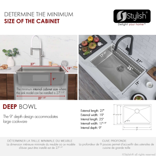 Stylish Argon Dual-Mount 27" Single-Bowl Stainless Steel Workstation Kitchen Sink S-127W