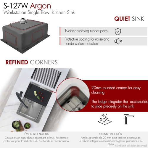 Stylish Argon Dual-Mount 27" Single-Bowl Stainless Steel Workstation Kitchen Sink S-127W