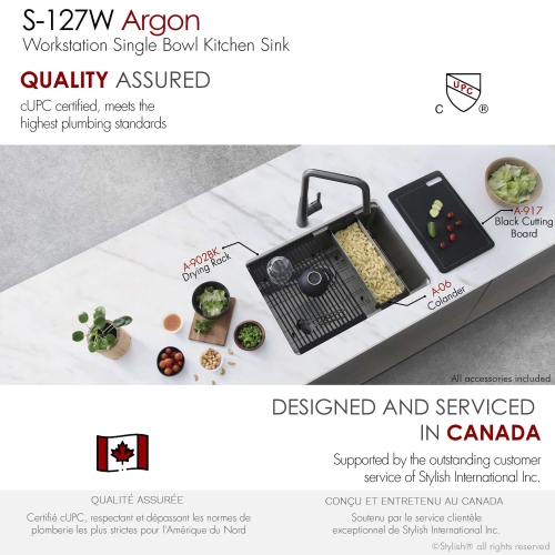 Stylish Argon Dual-Mount 27" Single-Bowl Stainless Steel Workstation Kitchen Sink S-127W