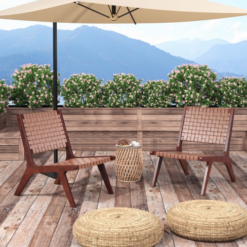 Costway Set of 2 Woven Leather Accent Chair Mid Century Rubber Wood Armless Side Chair