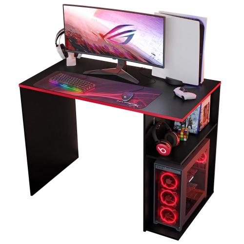 Bureau d'ordinateur de jeu Madesa 39 po avec 2 tablettes et support d'écouteurs table de bureau en bois robuste pour enfants et adultes - Noir/rouge