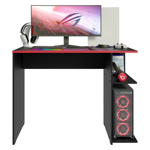 Bureau d'ordinateur de jeu Madesa 39 po avec 2 tablettes et support d'écouteurs table de bureau en bois robuste pour enfants et adultes - Noir/rouge