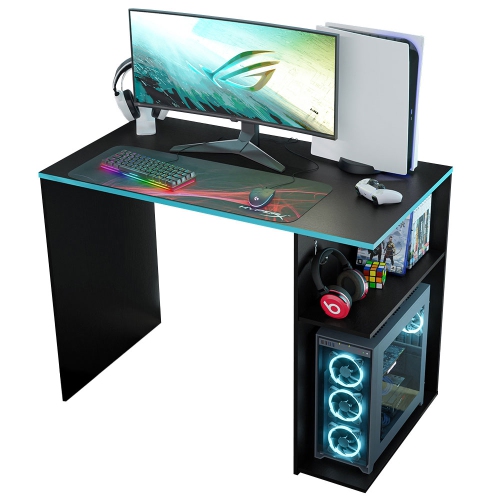 Bureau d'ordinateur de jeu Madesa 39 po avec 2 tablettes et support d'écouteurs table de bureau en bois robuste pour enfants et adultes - Noir/bleu