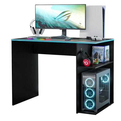 Bureau d'ordinateur de jeu Madesa 39 po avec 2 tablettes et support d'écouteurs table de bureau en bois robuste pour enfants et adultes - Noir/bleu