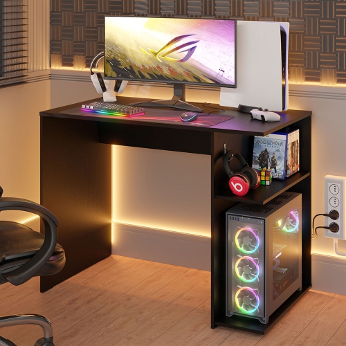 Madesa Gaming Computer Desk 39 Inch with 2 Shelves and Headphone Hanger Wooden Sturdy Home Office Table for Kids and Adults - Black