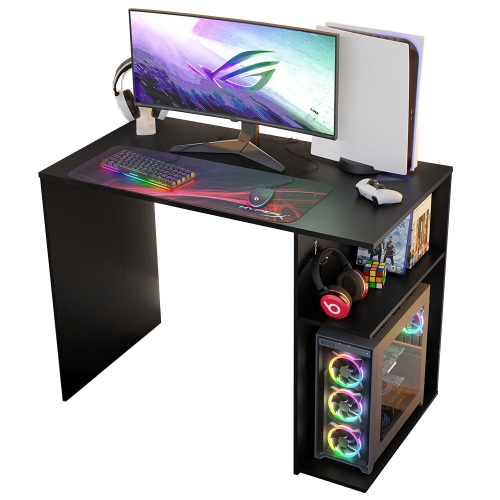 Madesa Gaming Computer Desk 39 Inch with 2 Shelves and Headphone Hanger Wooden Sturdy Home Office Table for Kids and Adults - Black