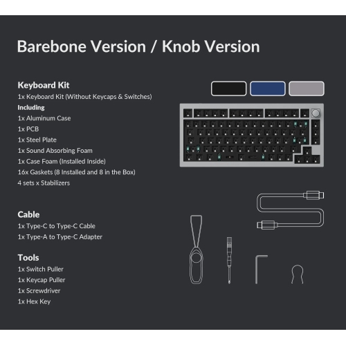 Keychron Q1 V2 RGB Hotswap Mechanical Gaming Keyboard – 75% Layout, Barebone with Knob – Compatible with Windows & macOS, Blue