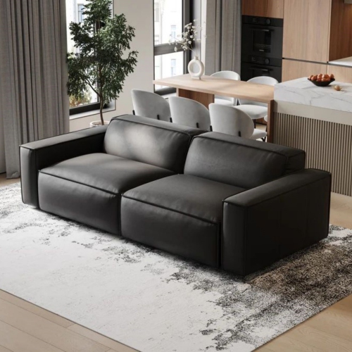 Valencia Nathan Full Aniline Leather Modular Sofa with High Density Foam and Feather Down, Loveseat, Black Color