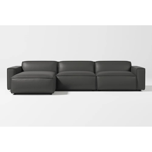Valencia Nathan Full Aniline Leather Modular Sofa with High Density Foam and Feather Down, Three Seats with Left Chaise, Black Color