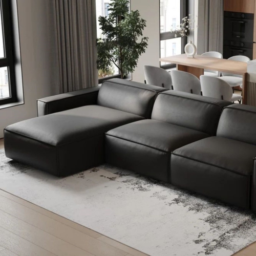 Valencia Nathan Full Aniline Leather Modular Sofa with High Density Foam and Feather Down, Three Seats with Left Chaise, Black Color