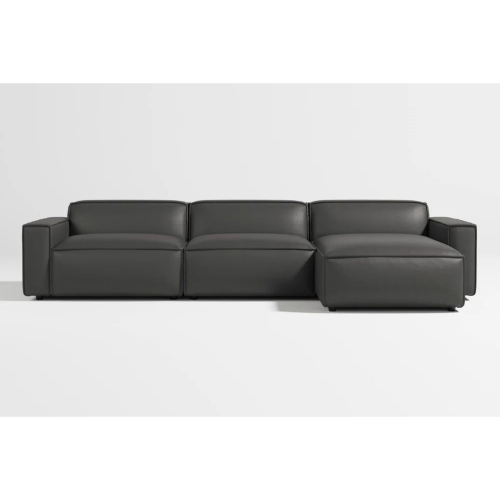 Valencia Nathan Full Aniline Leather Modular Sofa with High Density Foam and Feather Down, Three Seats with Right Chaise, Black Color