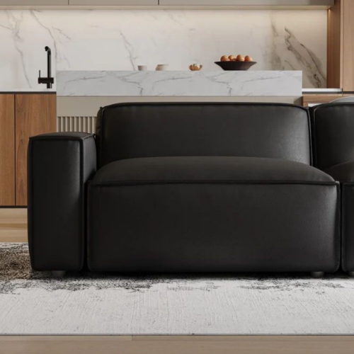 Valencia Nathan Full Aniline Leather Modular Sofa with High Density Foam and Feather Down, Three Seats with Right Chaise, Black Color